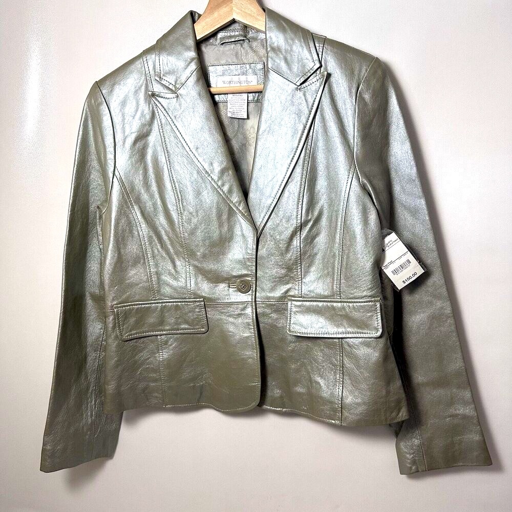 Worthington Blazer Leather Sage Pearl Casual Y2K Career Office M